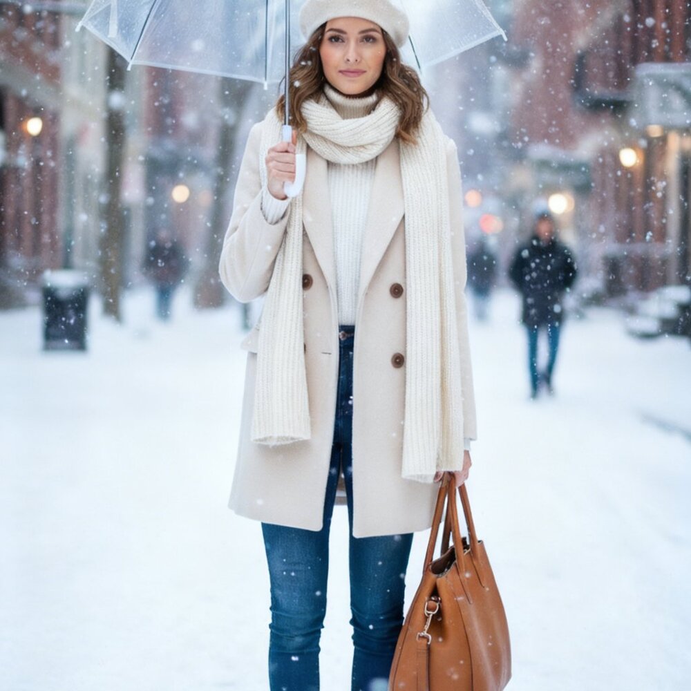 South Korean Fashion Wool & Alpaca Blend Double-Breasted Half Coat - Cream